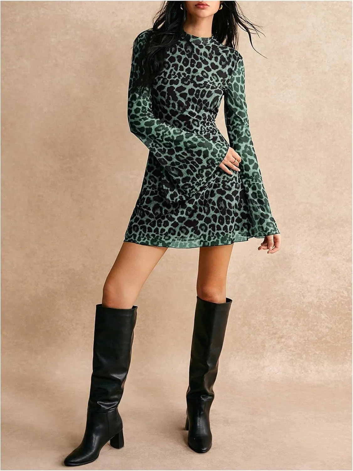 Women's Y2k Leopard Print Sheer Mesh Mini Dress Bell Long Sleeve Short Dresses
