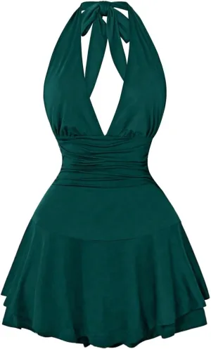 Women's Y2k Ruched Deep V Halter Mini Dress Tie Backless Halter A Line Short Dresses
