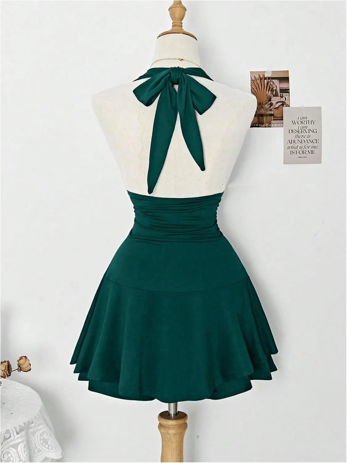 Women's Y2k Ruched Deep V Halter Mini Dress Tie Backless Halter A Line Short Dresses