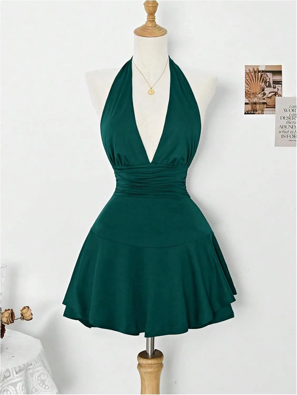Women's Y2k Ruched Deep V Halter Mini Dress Tie Backless Halter A Line Short Dresses