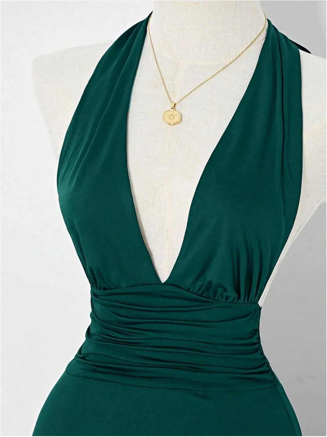 Women's Y2k Ruched Deep V Halter Mini Dress Tie Backless Halter A Line Short Dresses