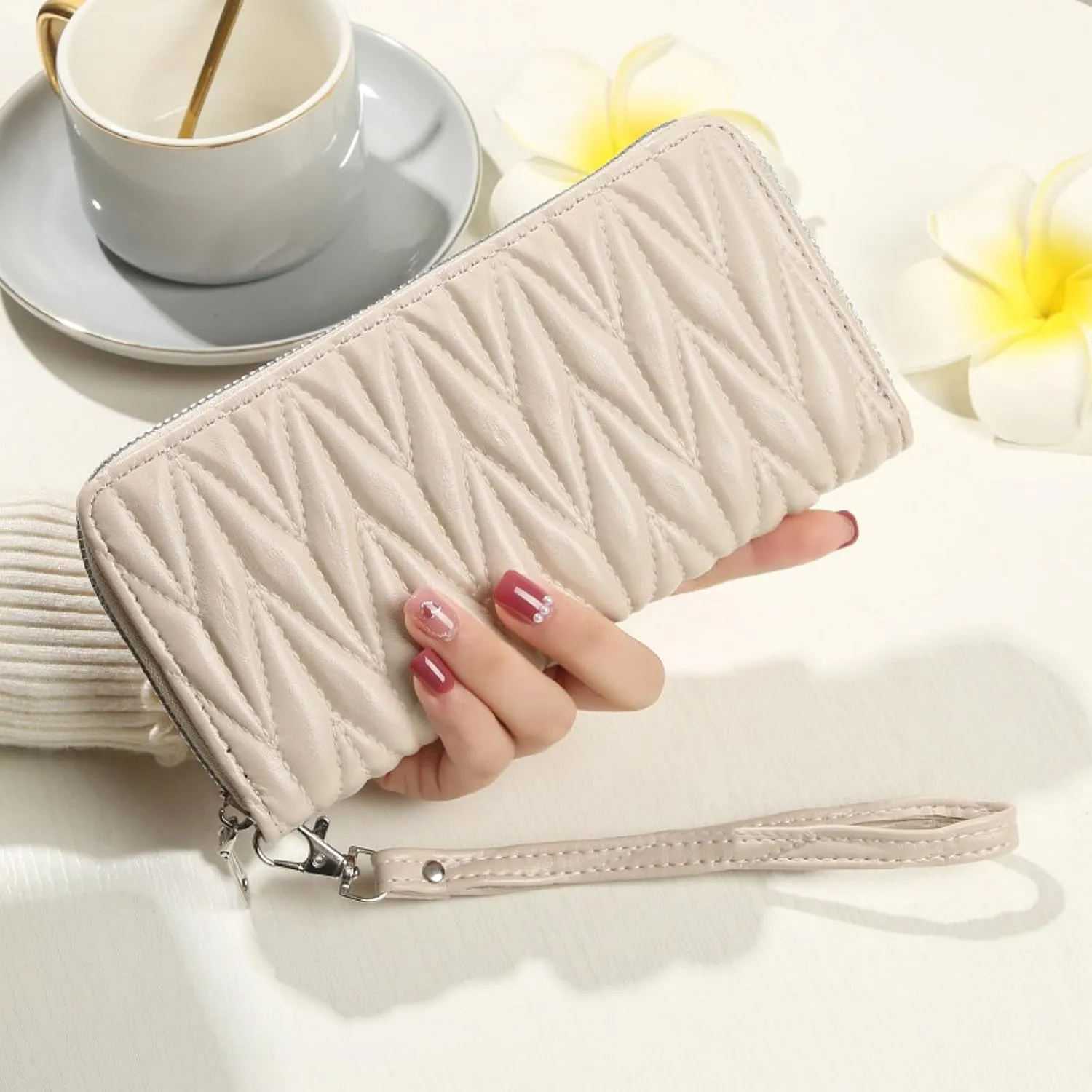 Women's Zip Wristlet Wallet - Large Capacity RFID Blocking Clutch Purse Quilted Soft Vegan Leather Travel Organizer