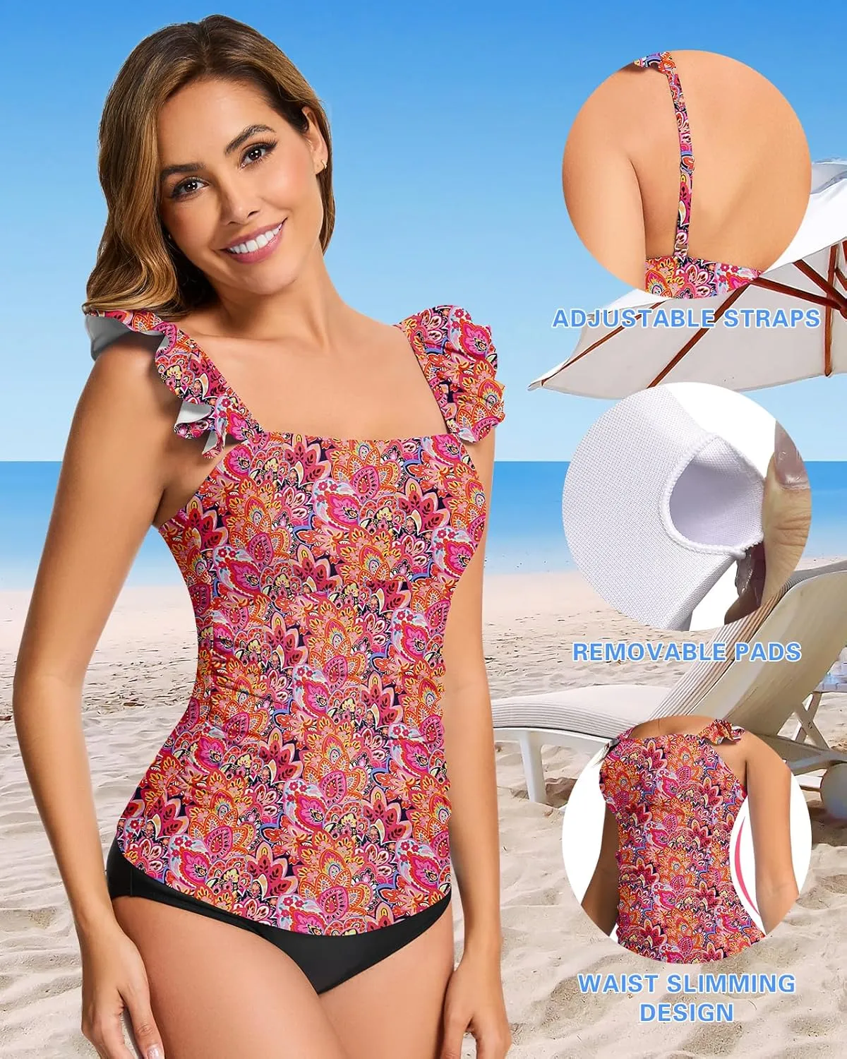WOWENY Swim Tankini Top Only for Women Tummy Control Tankini Swimsuits UPF 50  Ruffle Bathing Suit Tops No Bottom