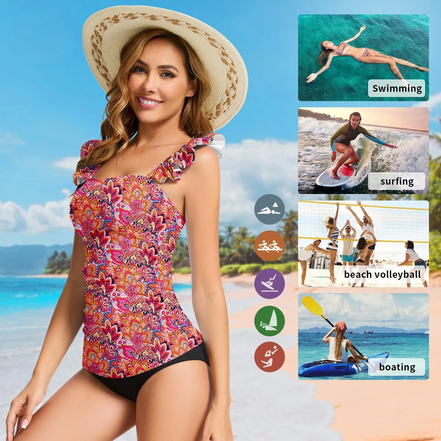 WOWENY Swim Tankini Top Only for Women Tummy Control Tankini Swimsuits UPF 50  Ruffle Bathing Suit Tops No Bottom
