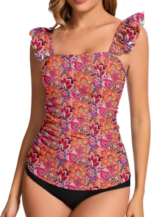 WOWENY Swim Tankini Top Only for Women Tummy Control Tankini Swimsuits UPF 50  Ruffle Bathing Suit Tops No Bottom