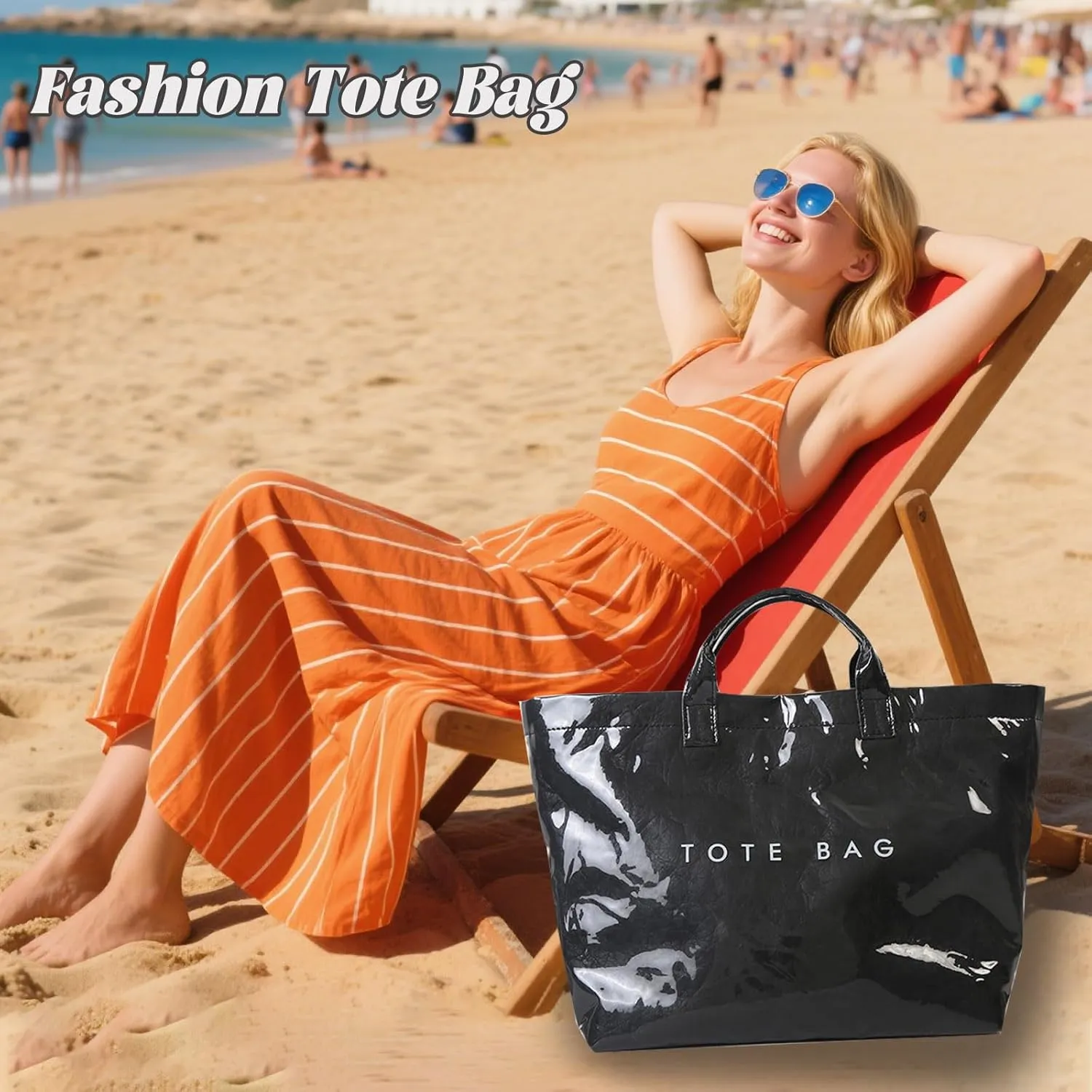 WREWING Tote Bag for Women, Large PVC Work Tote Bags, Kraft Paper Totes Handbag, Fashion Letters Print Beach Bag