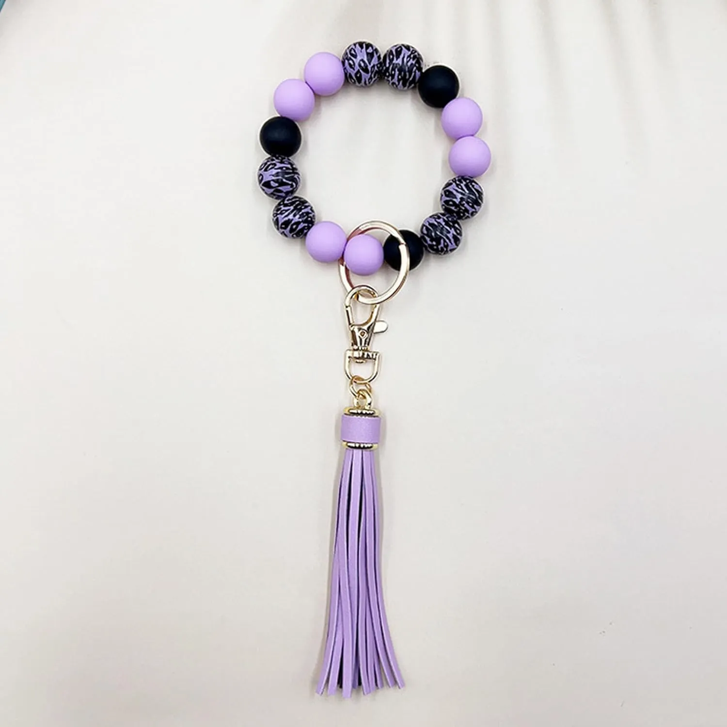 Wristlet Keychain for Women,Car Key Holder, Silicone Wood Leopard Beaded Key Ring Bangle Bracelet with PU Tassel