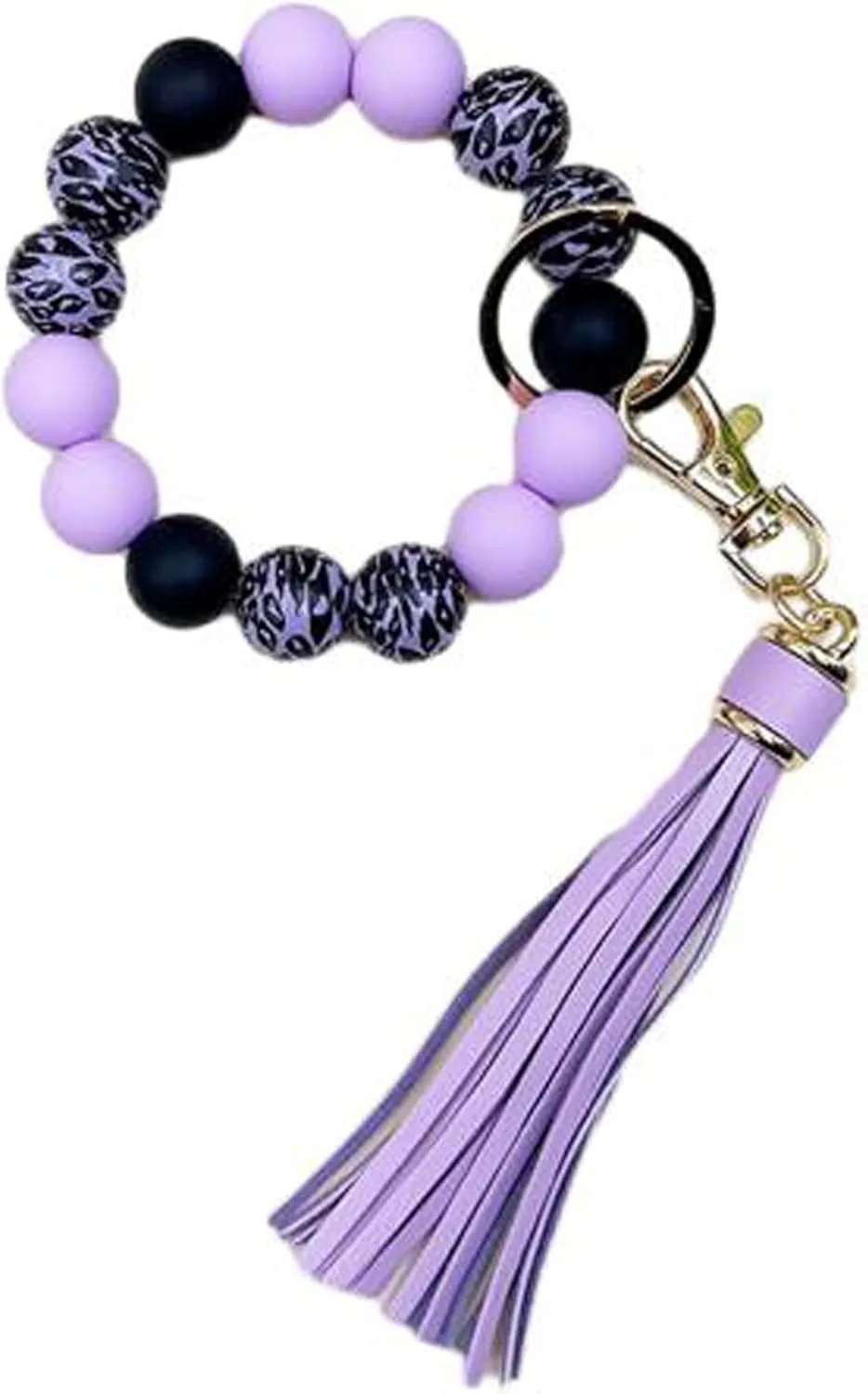 Wristlet Keychain for Women,Car Key Holder, Silicone Wood Leopard Beaded Key Ring Bangle Bracelet with PU Tassel
