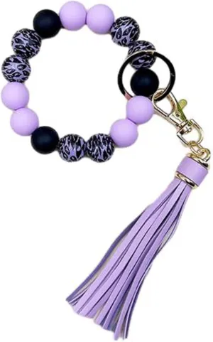 Wristlet Keychain for Women,Car Key Holder, Silicone Wood Leopard Beaded Key Ring Bangle Bracelet with PU Tassel