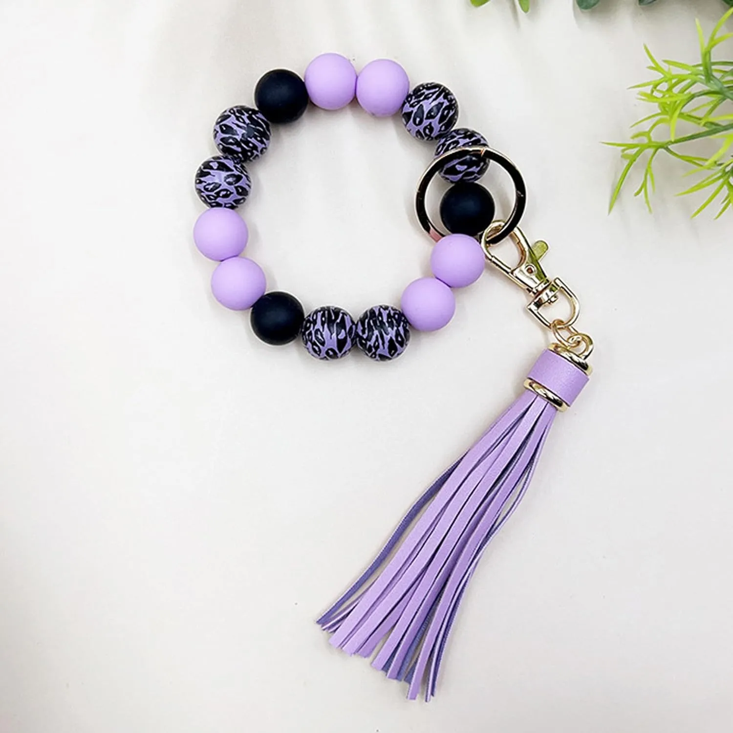 Wristlet Keychain for Women,Car Key Holder, Silicone Wood Leopard Beaded Key Ring Bangle Bracelet with PU Tassel
