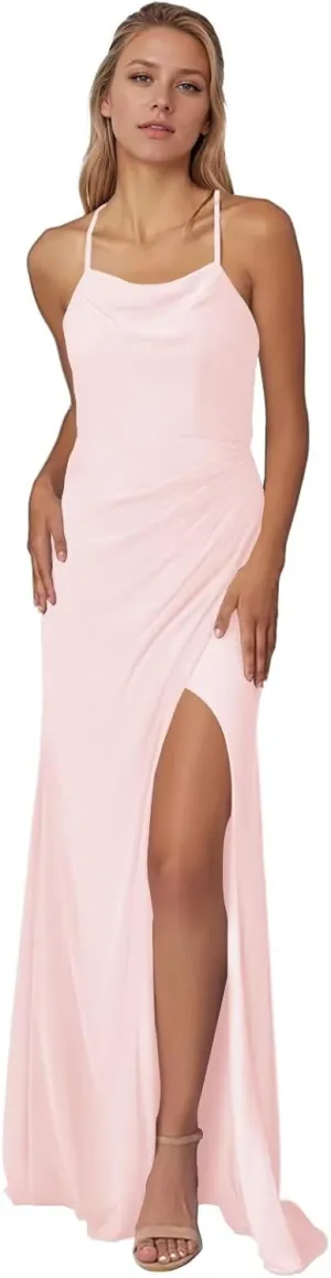 Xijun Women's Mermaid Chiffon Bridesmaid Dresses with Slit Backless Long Scoop Neck Formal Evening Party Gowns