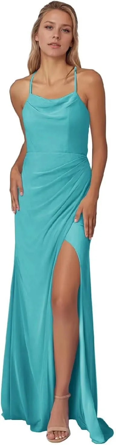 Xijun Women's Mermaid Chiffon Bridesmaid Dresses with Slit Backless Long Scoop Neck Formal Evening Party Gowns