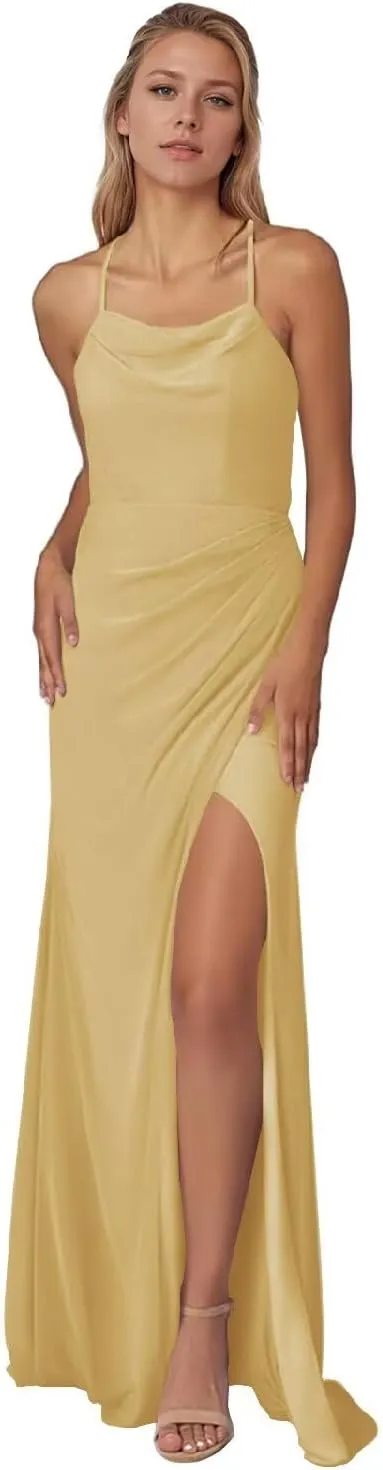 Xijun Women's Mermaid Chiffon Bridesmaid Dresses with Slit Backless Long Scoop Neck Formal Evening Party Gowns