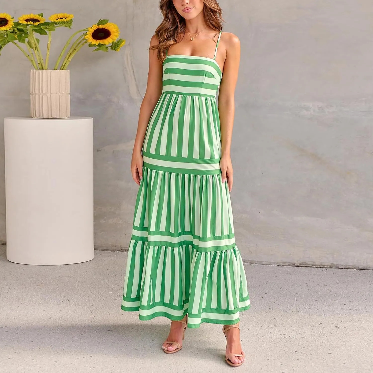 Y2k Women Striped Tiered Maxi Dress Sleeveless Spaghetti Strap Long Dresses Square Neck Bodycon Sundress Summer