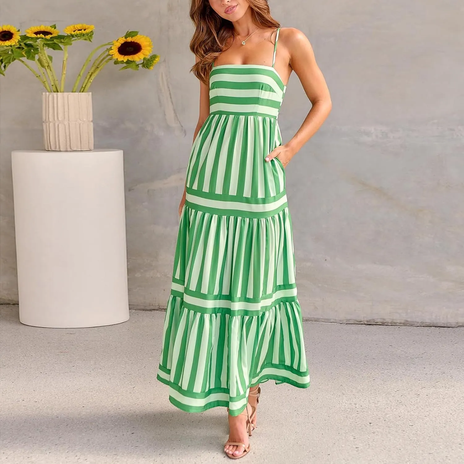 Y2k Women Striped Tiered Maxi Dress Sleeveless Spaghetti Strap Long Dresses Square Neck Bodycon Sundress Summer