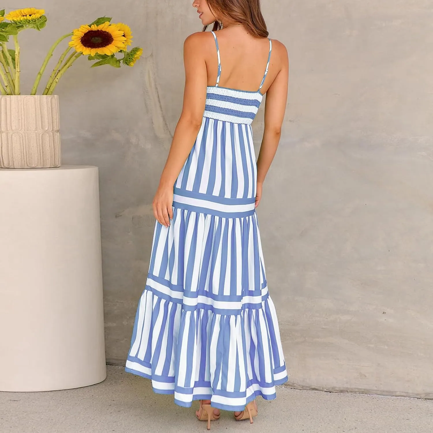 Y2k Women Striped Tiered Maxi Dress Sleeveless Spaghetti Strap Long Dresses Square Neck Bodycon Sundress Summer