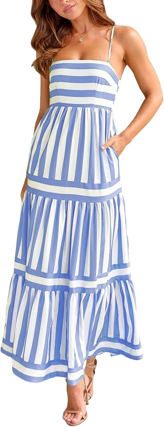 Y2k Women Striped Tiered Maxi Dress Sleeveless Spaghetti Strap Long Dresses Square Neck Bodycon Sundress Summer