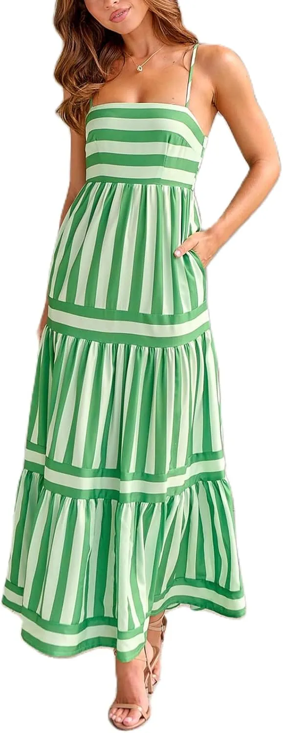 Y2k Women Striped Tiered Maxi Dress Sleeveless Spaghetti Strap Long Dresses Square Neck Bodycon Sundress Summer