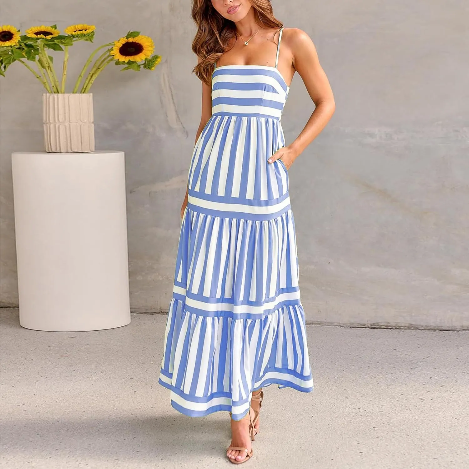 Y2k Women Striped Tiered Maxi Dress Sleeveless Spaghetti Strap Long Dresses Square Neck Bodycon Sundress Summer