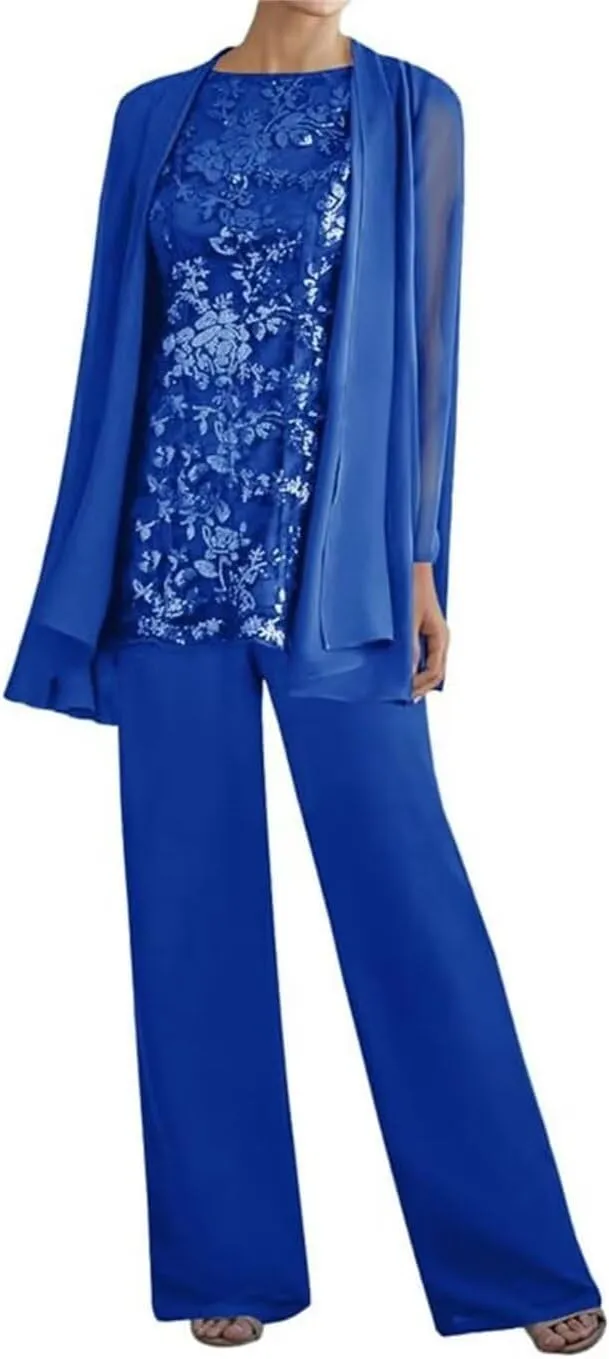 YAUTKA 3 Pieces Pant Suits for Wedding Long Sleeve Lace Chiffon Dressy Formal Outfits for Women 2025 with Jackets