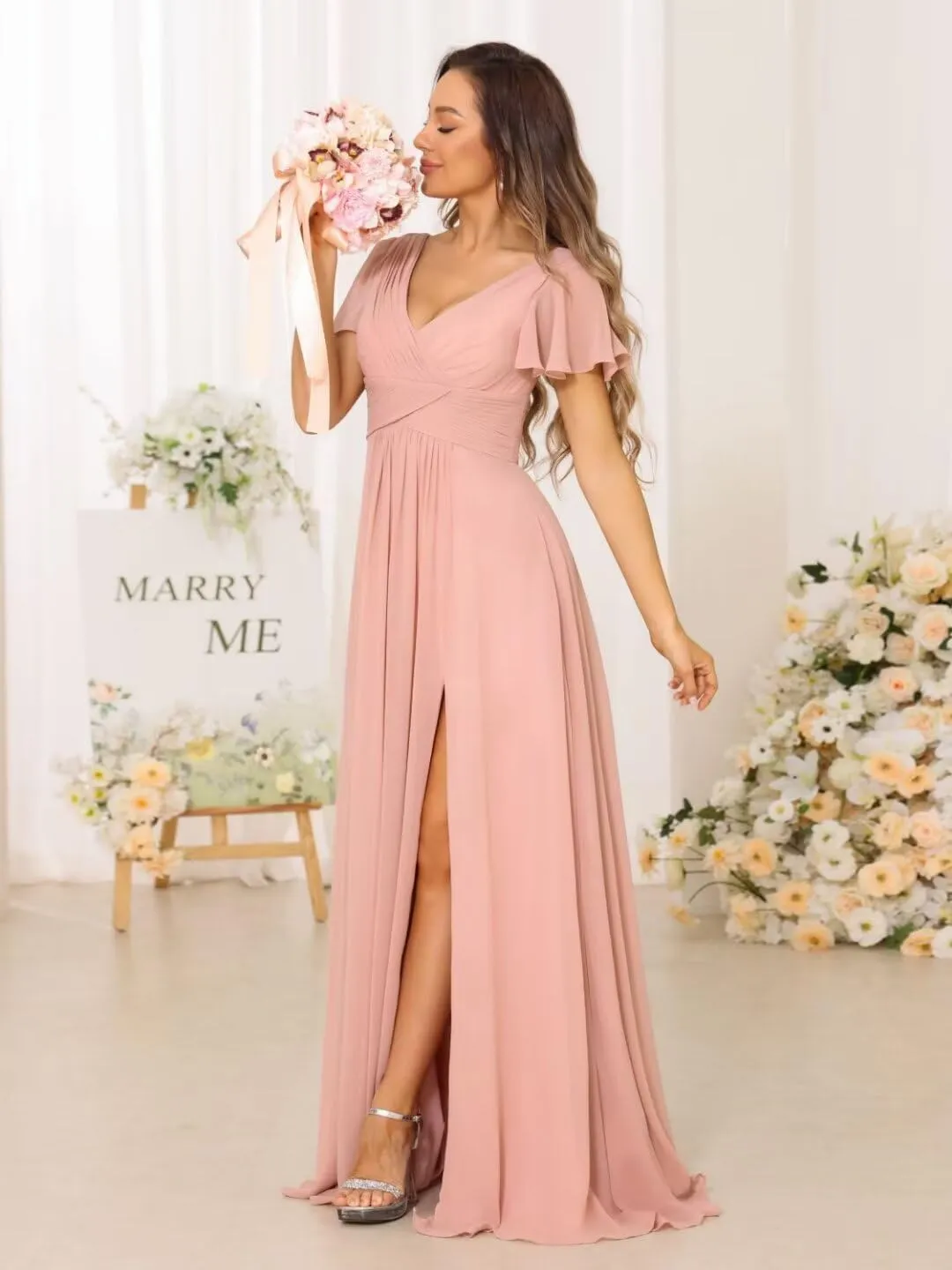 YMSHA V Neck Bridesmaid Dresses for Teens Pleated Side Slit Formal Dress with Pockets YMS143