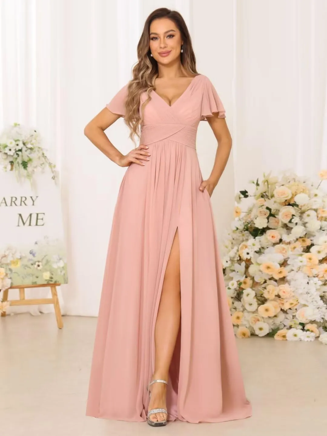 YMSHA V Neck Bridesmaid Dresses for Teens Pleated Side Slit Formal Dress with Pockets YMS143