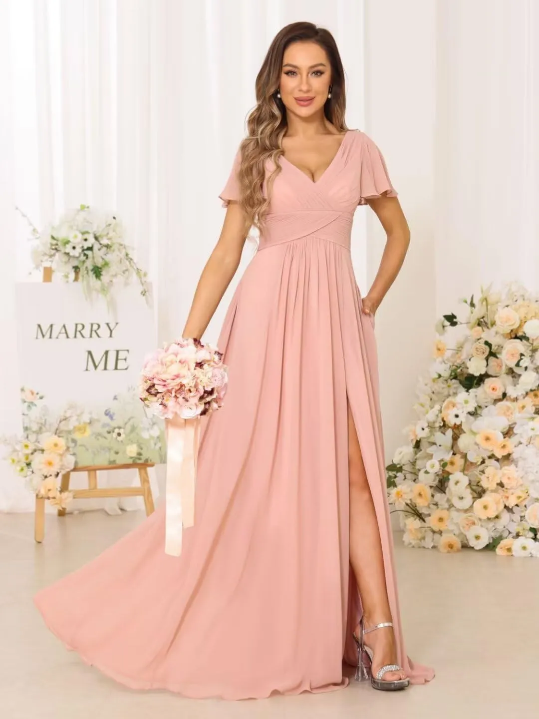 YMSHA V Neck Bridesmaid Dresses for Teens Pleated Side Slit Formal Dress with Pockets YMS143