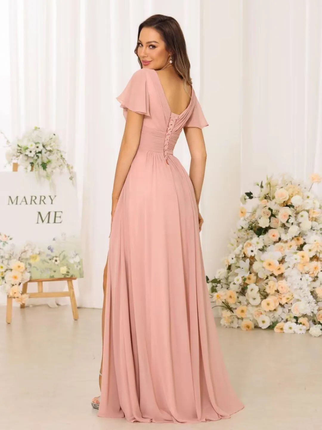 YMSHA V Neck Bridesmaid Dresses for Teens Pleated Side Slit Formal Dress with Pockets YMS143