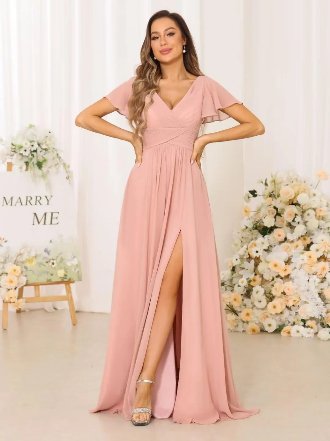 YMSHA V Neck Bridesmaid Dresses for Teens Pleated Side Slit Formal Dress with Pockets YMS143
