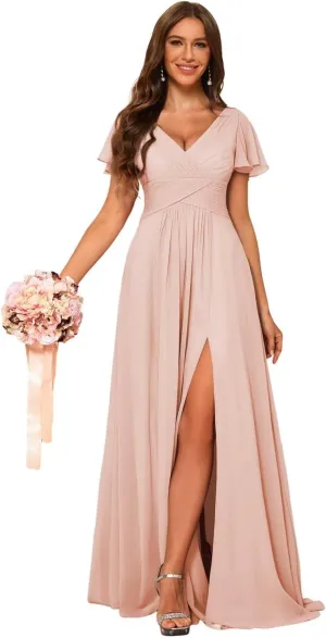YMSHA V Neck Bridesmaid Dresses for Teens Pleated Side Slit Formal Dress with Pockets YMS143