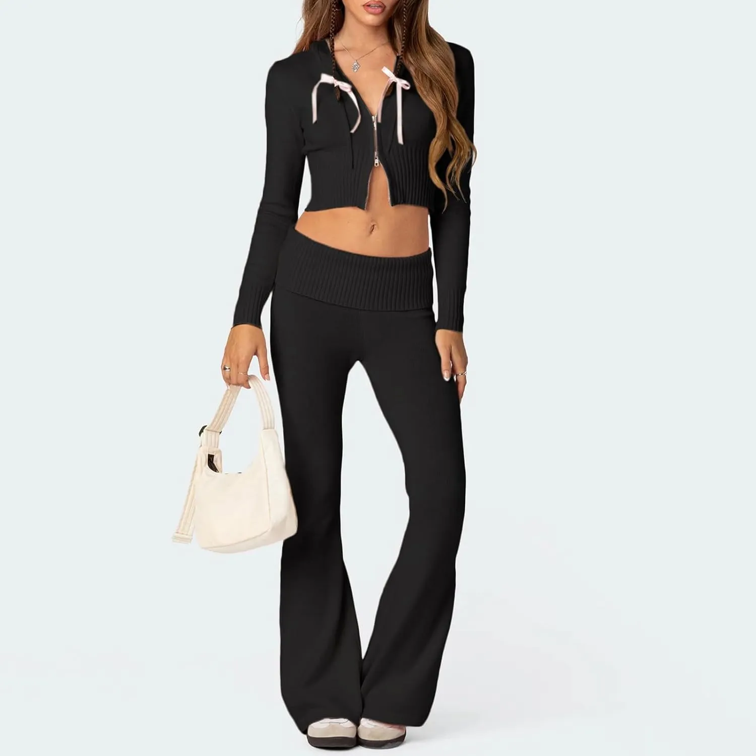 Yoawdats Women Ribbed Knit 2 Piece Outfits Y2K Long Sleeve Zip Up Slim Fit Cropped Hoodie and Bootcut Pants Set Loungewear