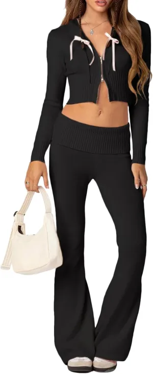 Yoawdats Women Ribbed Knit 2 Piece Outfits Y2K Long Sleeve Zip Up Slim Fit Cropped Hoodie and Bootcut Pants Set Loungewear