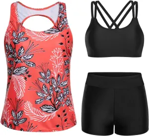 Yonique Tankini Swimsuits for Women 3 Piece Bathing Suits Swim Tank Top with Boy Shorts and Bra Modest Swimwear