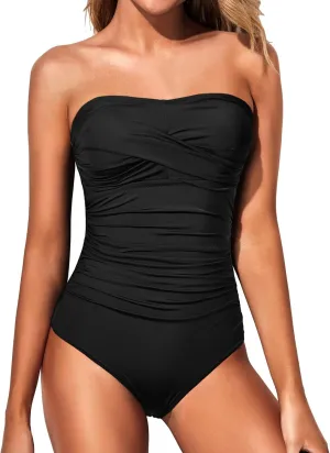 Yonique Womens Strapless One Piece Swimsuit Tummy Control Bandeau Bathing Suits Slimming Twist Front Swimwear