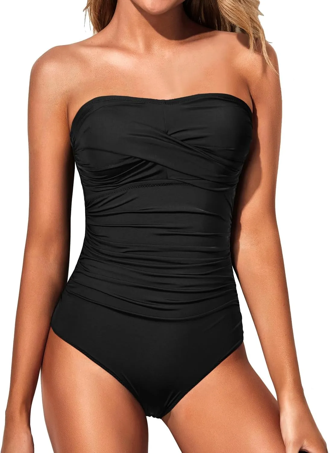 Yonique Womens Strapless One Piece Swimsuit Tummy Control Bandeau Bathing Suits Slimming Twist Front Swimwear