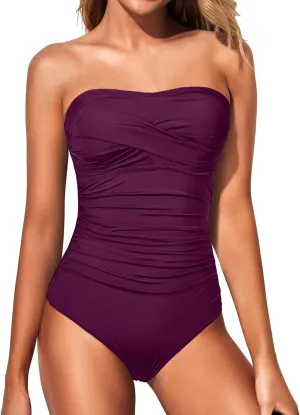 Yonique Womens Strapless One Piece Swimsuit Tummy Control Bandeau Bathing Suits Slimming Twist Front Swimwear