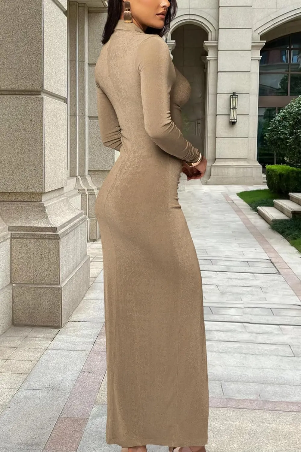 YouSexy Women's Sexy Button Down Ruched Stretchy Maxi Dress Long Sleeve Party Club Long Dresses