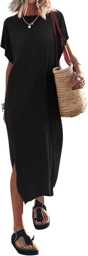 Yousify Women's Summer Maxi Dress T-Shirt Cap Sleeve Crewneck Casual Loose Slit Side Long Beach Vacation Dresses