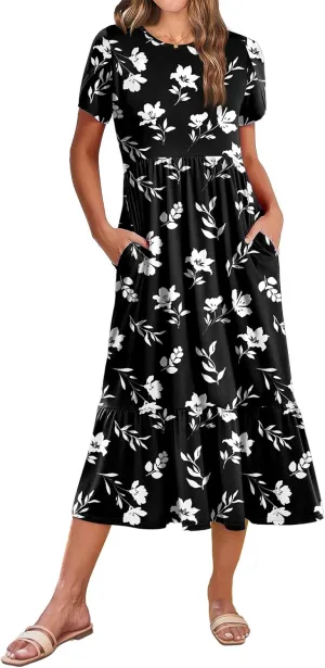 Zeagoo Women Summer Midi A Line Dress Short Sleeve Casual Flowy Tiered Beach Long Sundress with Pockets 2025 Vacation Travel