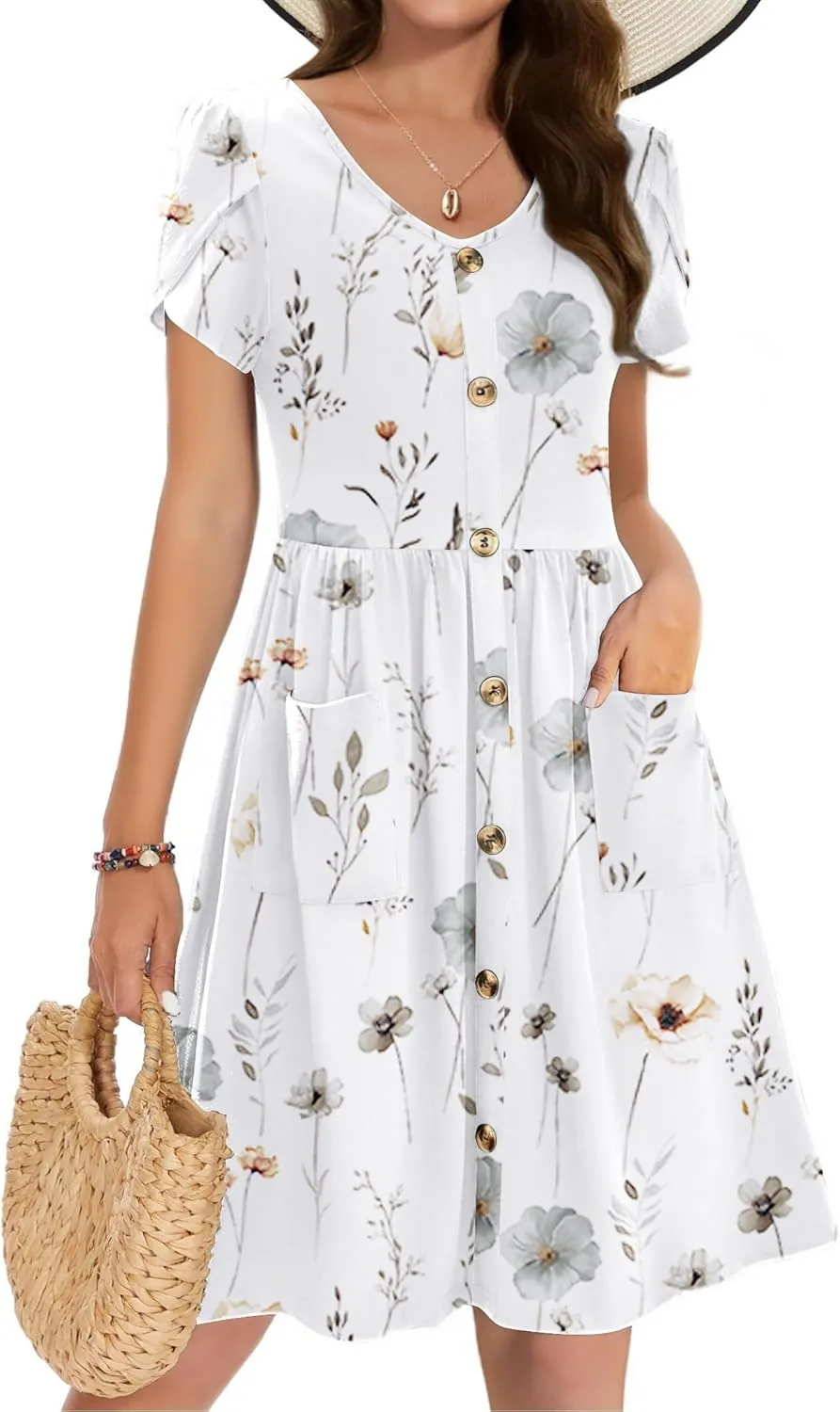 Zeagoo Womens Summer Dress Mini Petal Short Sleeve Dresses Pleated Button Down V Neck Floral Beach Swing Vacation Dress 2025